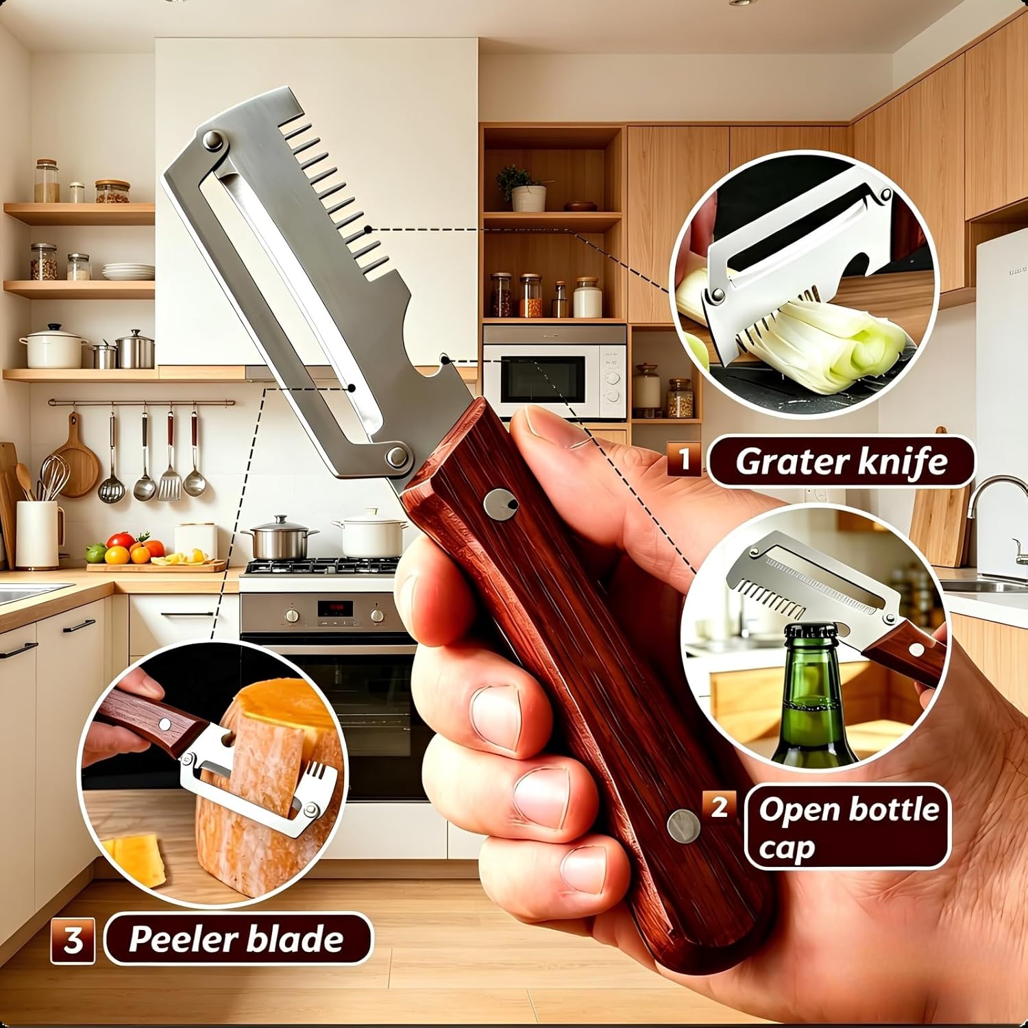 2-Pack Multifunctional Vegetable Peeler, 3 in 1 Kitchen Peeler with Wooden Handle, Grater & Bottle Opener for Potato