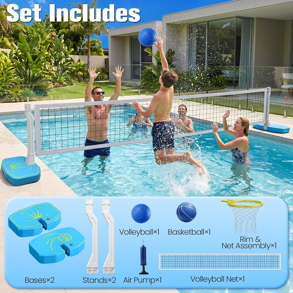2-in-1 Pool Basketball Hoop & Pool Volleyball Net w/3 Balls | Poolside Basketball Hoop for Swimming Pool