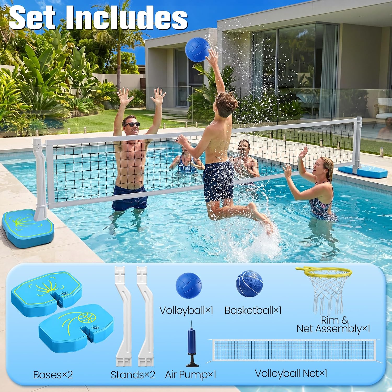 2-in-1 Pool Basketball Hoop & Pool Volleyball Net w/3 Balls | Poolside Basketball Hoop for Swimming Pool