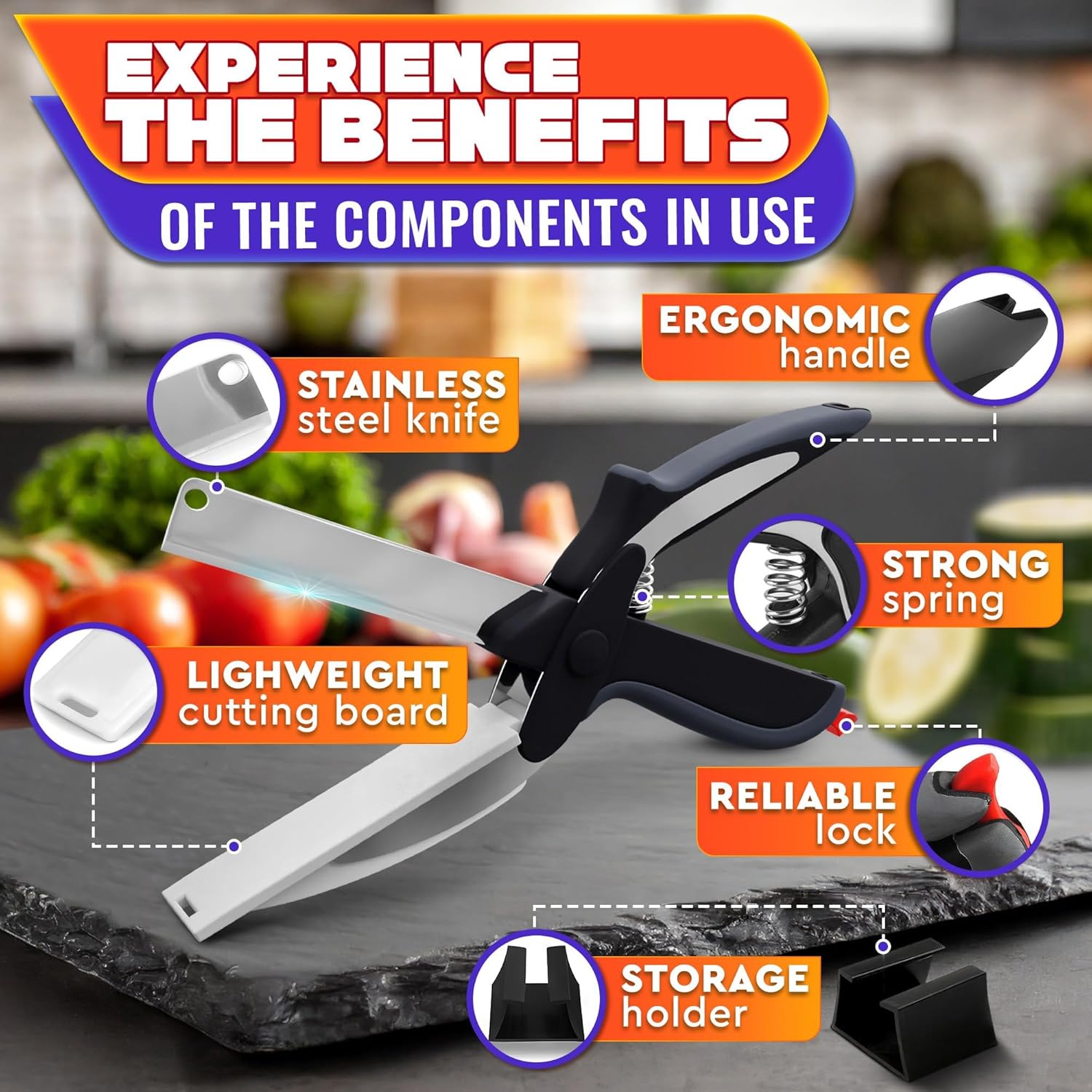 2 in 1 Kitchen Scissors for Food – Stainless Steel 9.5" Tomato Knife Chops Vegetables, Fruit, Cheese, Meat in Seconds