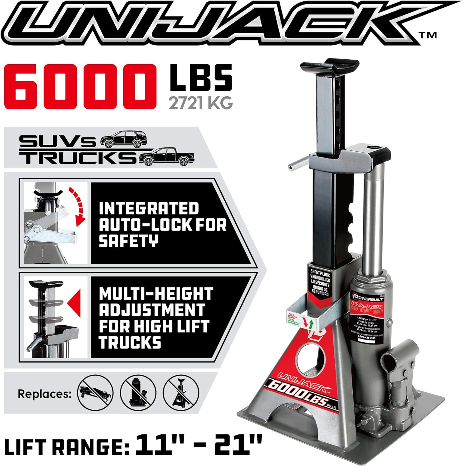 3 Ton, Bottle Jack and Jack Stands in One, 6000 Pound Capacity, All-in-One Car Lift, Heavy Duty Vehicle Unijack, Wide