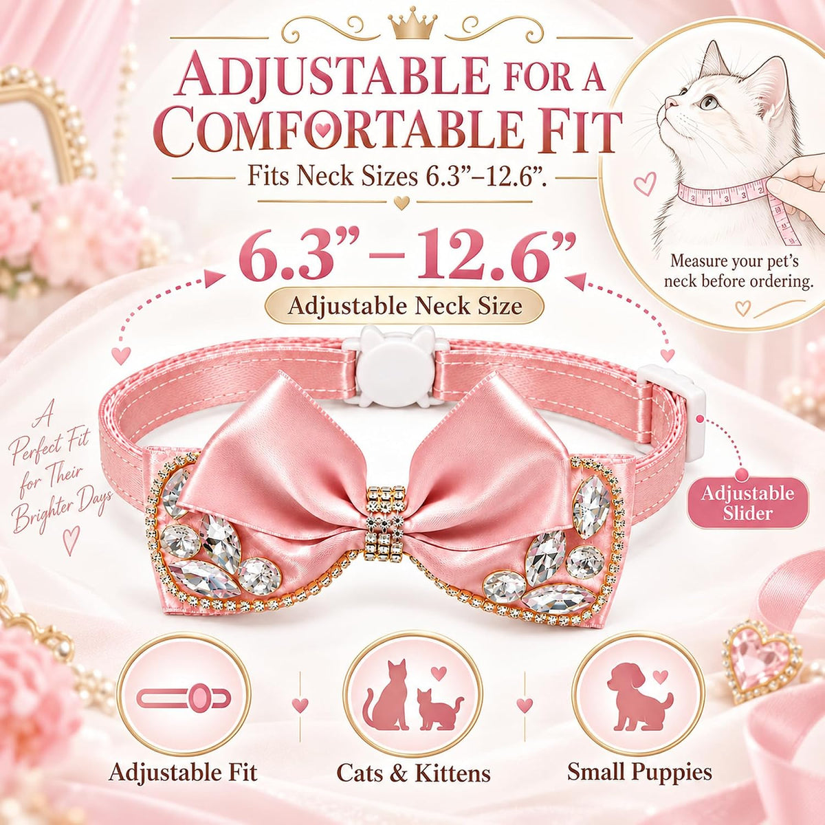 Elegant Rhinestone Cat Collar with Bow, Breakaway Adjustable Pet Collar