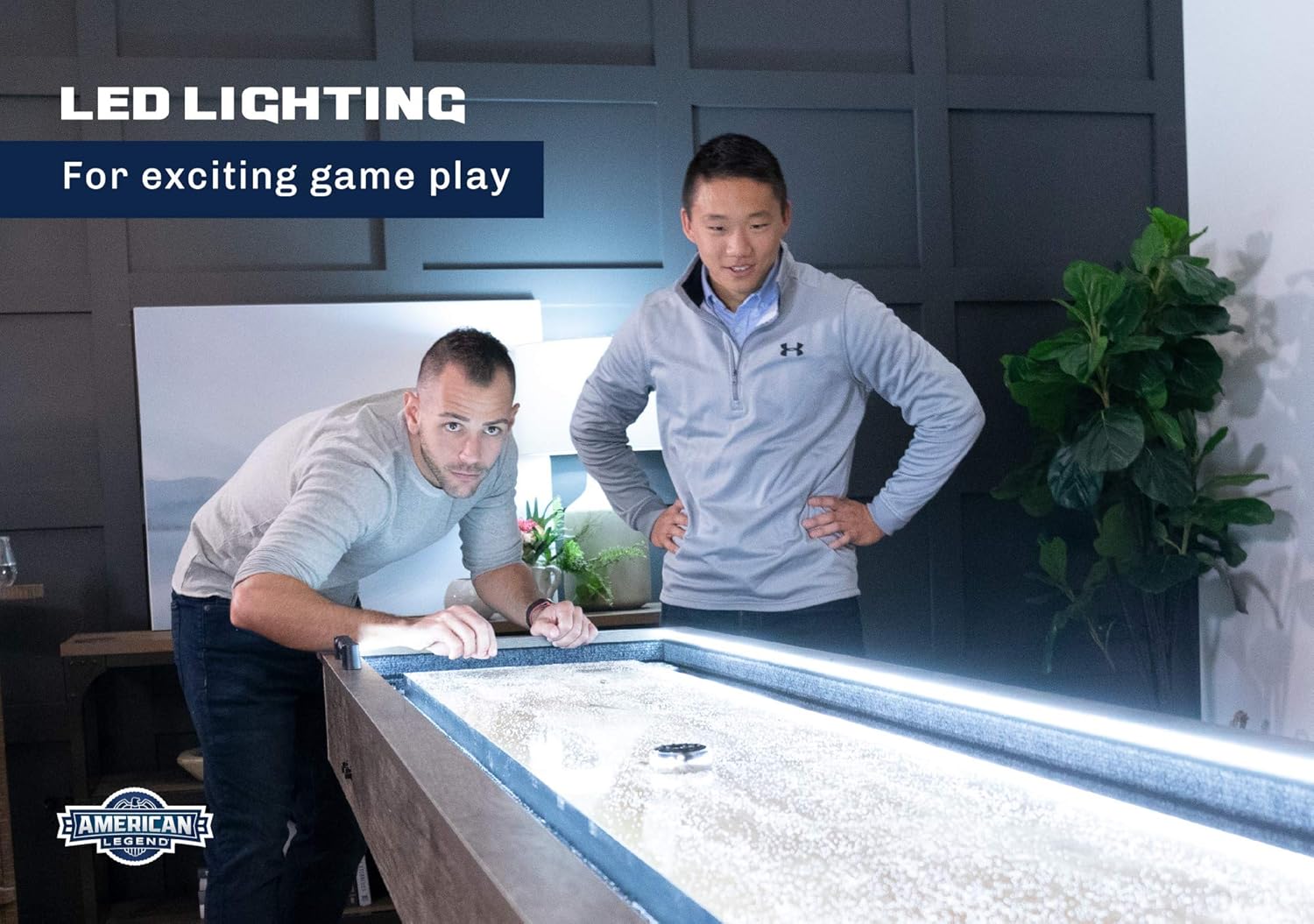 Kirkwood 9’ Shuffleboard Table with LED Rails, Bowling Game Set, Rustic Wood Finish & Accessories Included