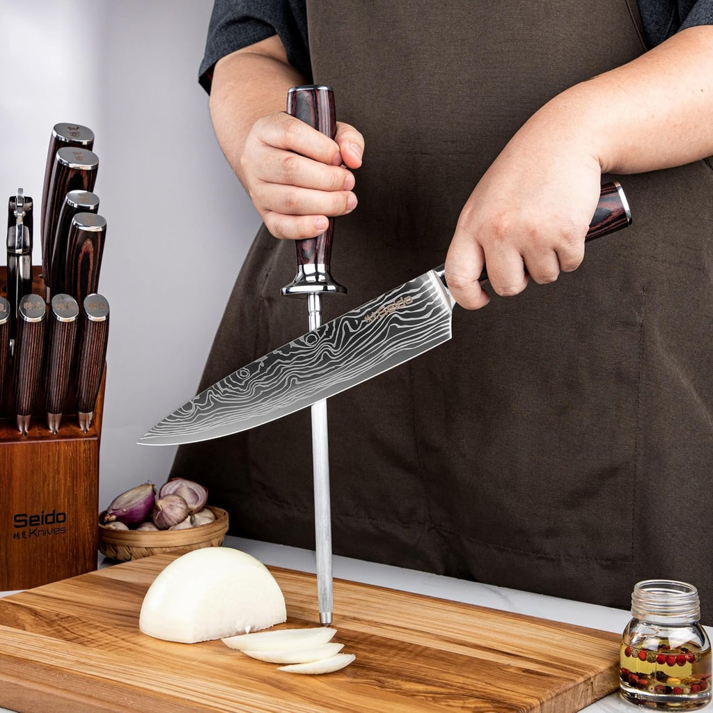 Seido Master 17-Piece Damascus Knife Block Set, Acacia Wood Block