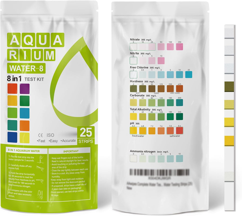 Aquarium Ammonia Test Strips 8-in-1 |25 Strips | Quick & Accurate Water Testing Test pH, Ammonia, Alkalinity