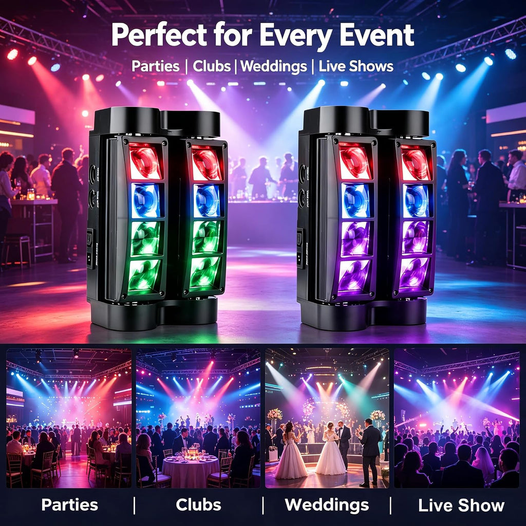 8x10W Spider Moving Head DJ Light, RGBW LED Stage Light 2 Packs | 8 LED RGBW Beams, Sound Activated & DMX512 Control