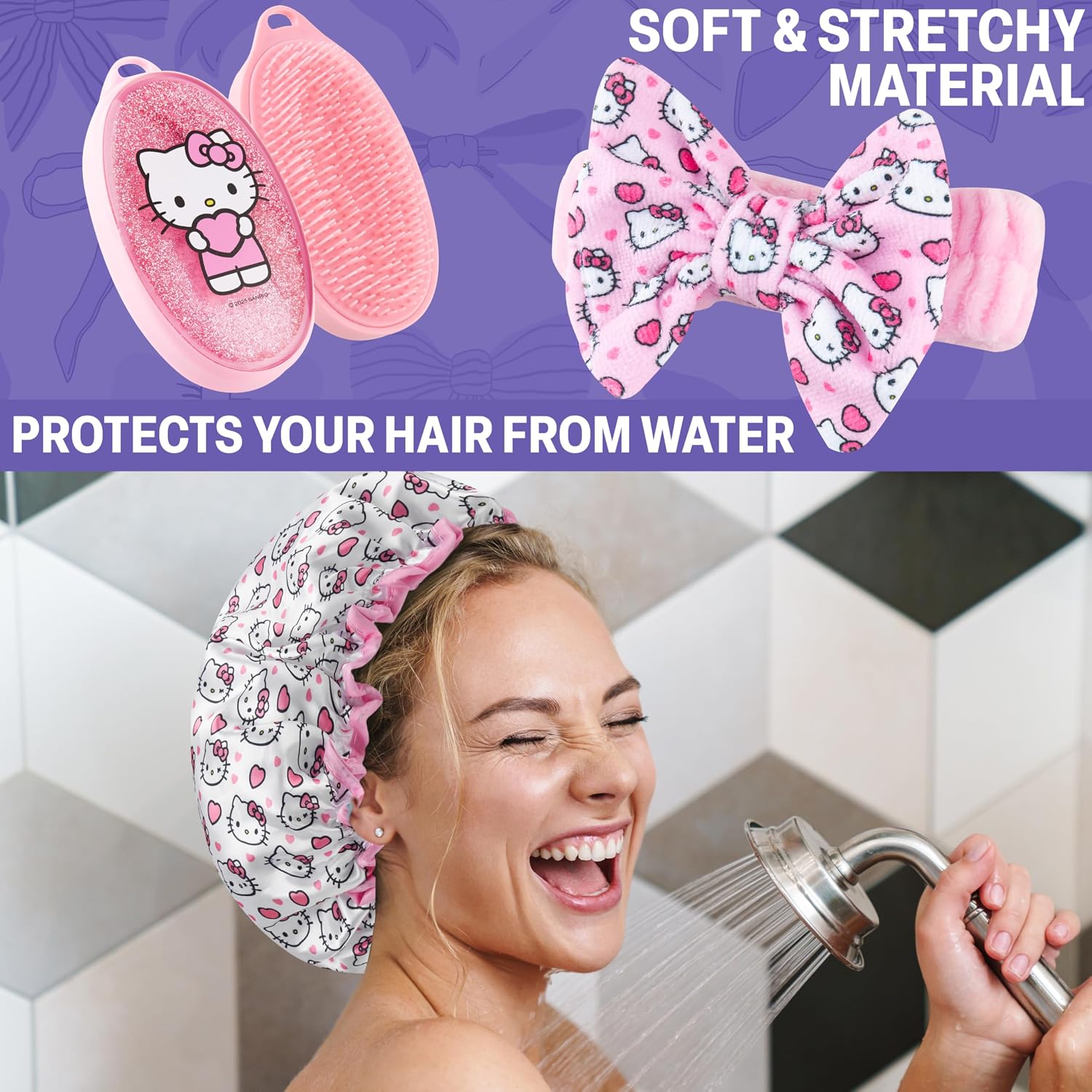 Hello Kitty Sanrio Shower Accessories Set, Kawaii Toiletry Bag with Shower Cap Headband Bath Sponge, Gifts for Girls