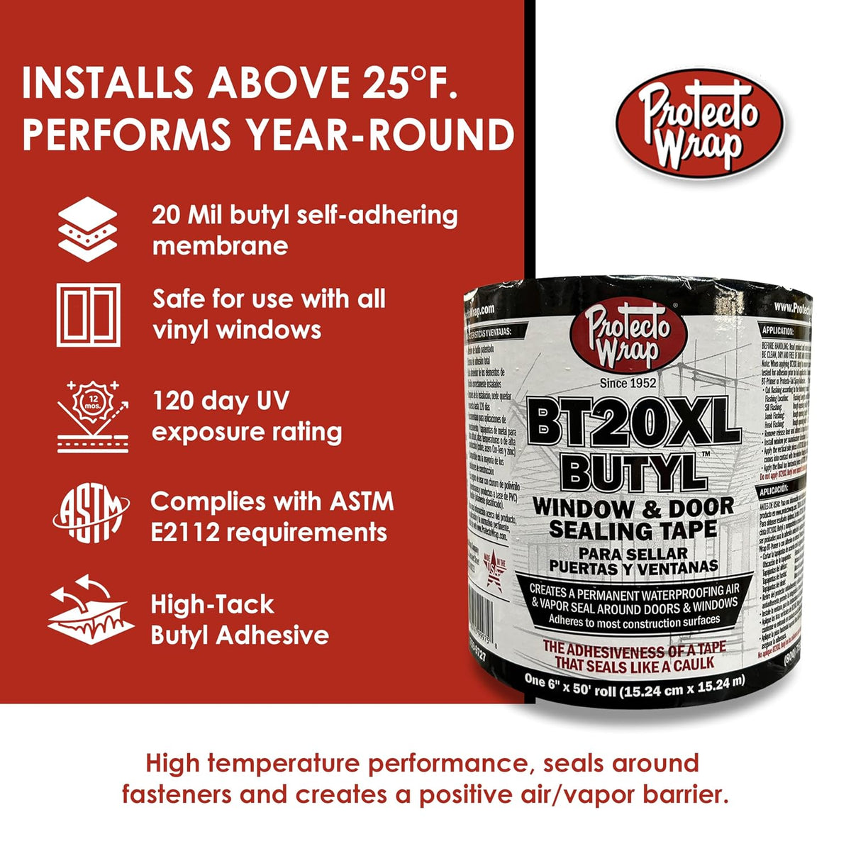BT20XL Butyl Window Flashing Tape 6" x 50' – Professional Grade All Weather Waterproof Door & Sill Pan Sealing Tape |