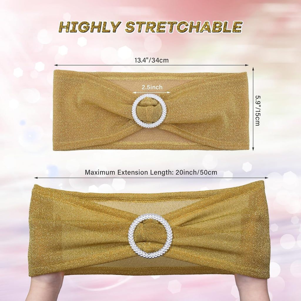 Pack of 10 Gold Chair Sashes Bows with Buckle Slider Universal Elastic Spandex Bands Ties for Banquet Event Decor