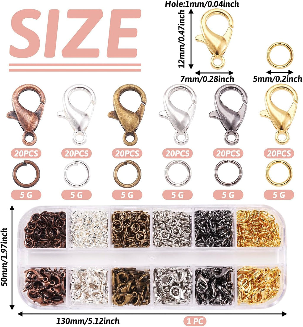 Pandahall 6 Colors Jewelry Finding Kits with 5mm Open Jump Rings & 12x6mm Lobster Claw Clasp for DIY Bracelet