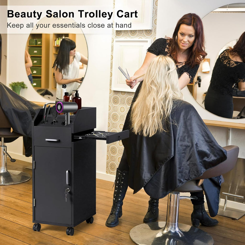 Salon Trolley Cart with 4 Trays, 3 Hair Dryer Holders, Black | Lockable Beauty Storage Cabinet with 4 Drawers
