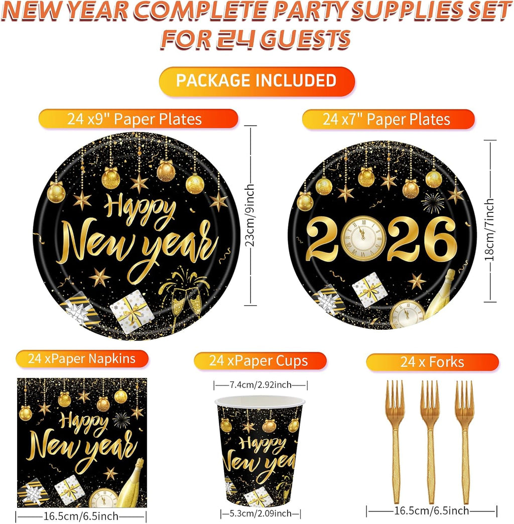 New Years Party Supplies Set,Packs with Plates, Cups, Napkins & Forks, Disposable for 24 Guests,Plates and Napkins