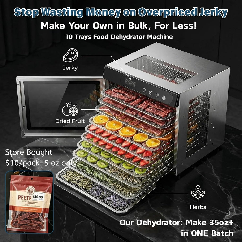 Food Dehydrator Machine, 800W 10 Stainless Steel Trays Dehydrator, 176°F