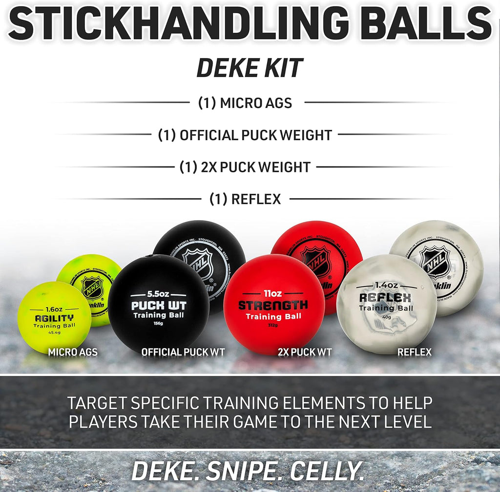 NHL Hockey Stick Handling Training Balls - 4 Pack | Deke + Hands Development, On + Off Ice Drills, Weighted Puck