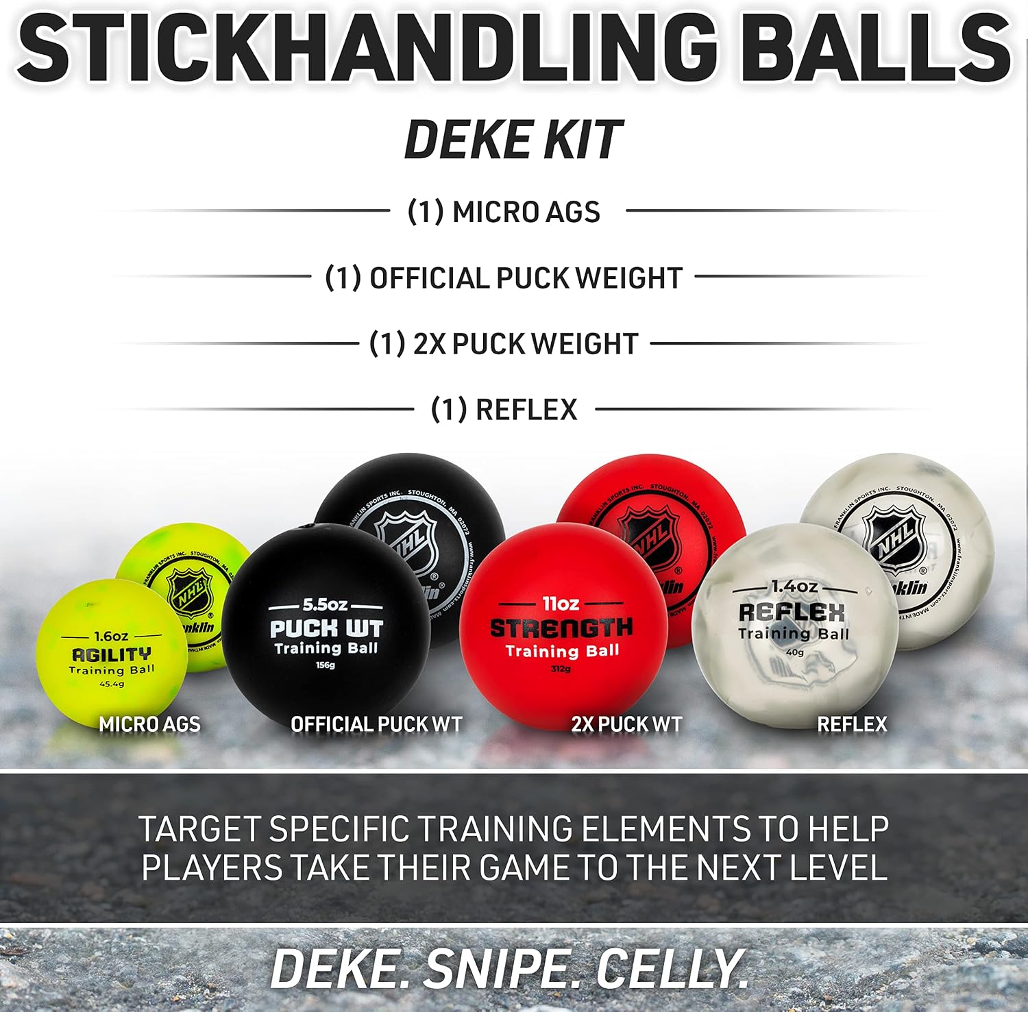 NHL Hockey Stick Handling Training Balls - 4 Pack | Deke + Hands Development, On + Off Ice Drills, Weighted Puck