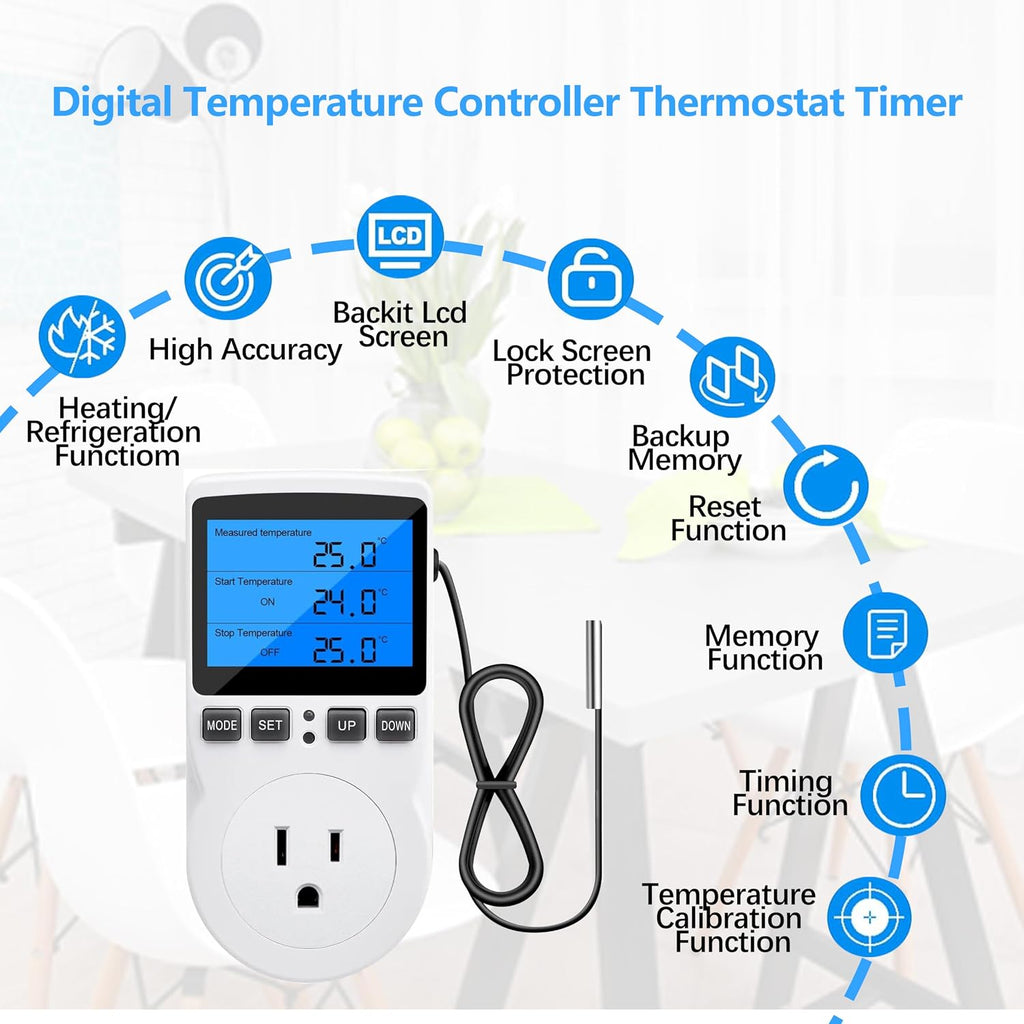 Digital Thermostat Controller - Plug-in Temperature Controller for RVs, Reptile Terrariums, and Greenhouses (1800W