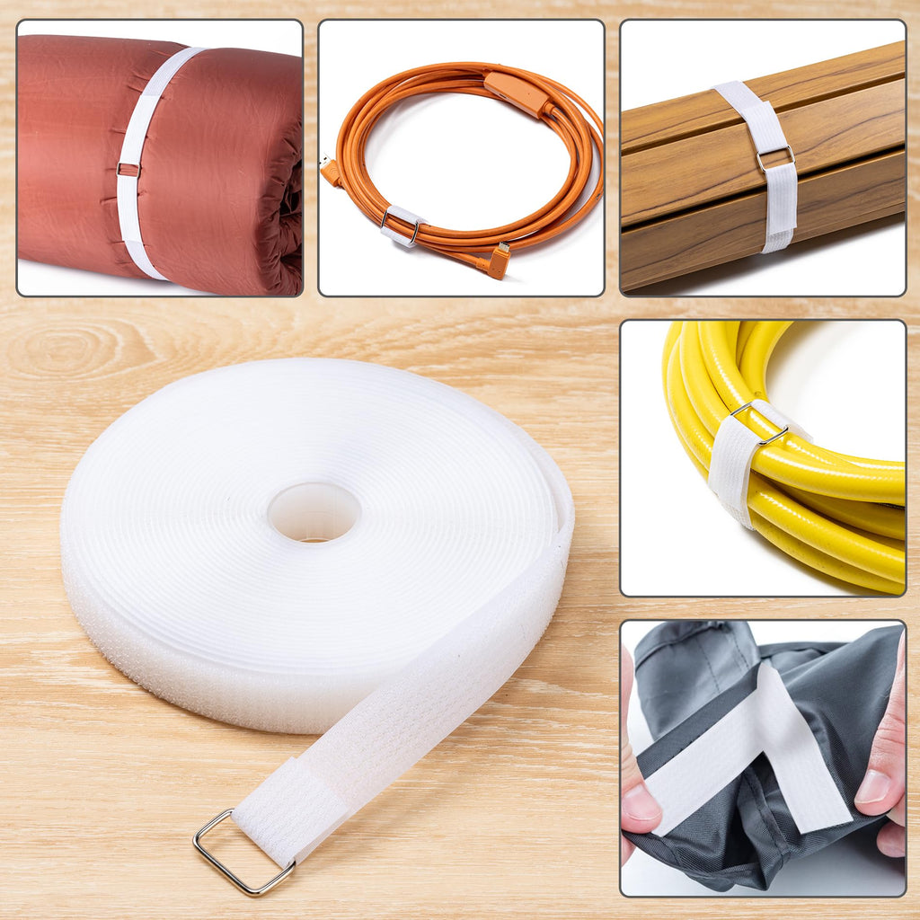1" x16Ft Hook and Loop Straps with 25 Metal Buckles，White