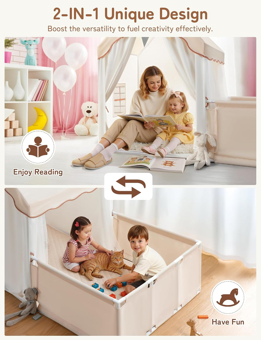 Kids Play Tent with Enclosure, Toddler Tent 2 in 1 with Padded Mat and Lights, Large Playhouse for Kids, Indoor &