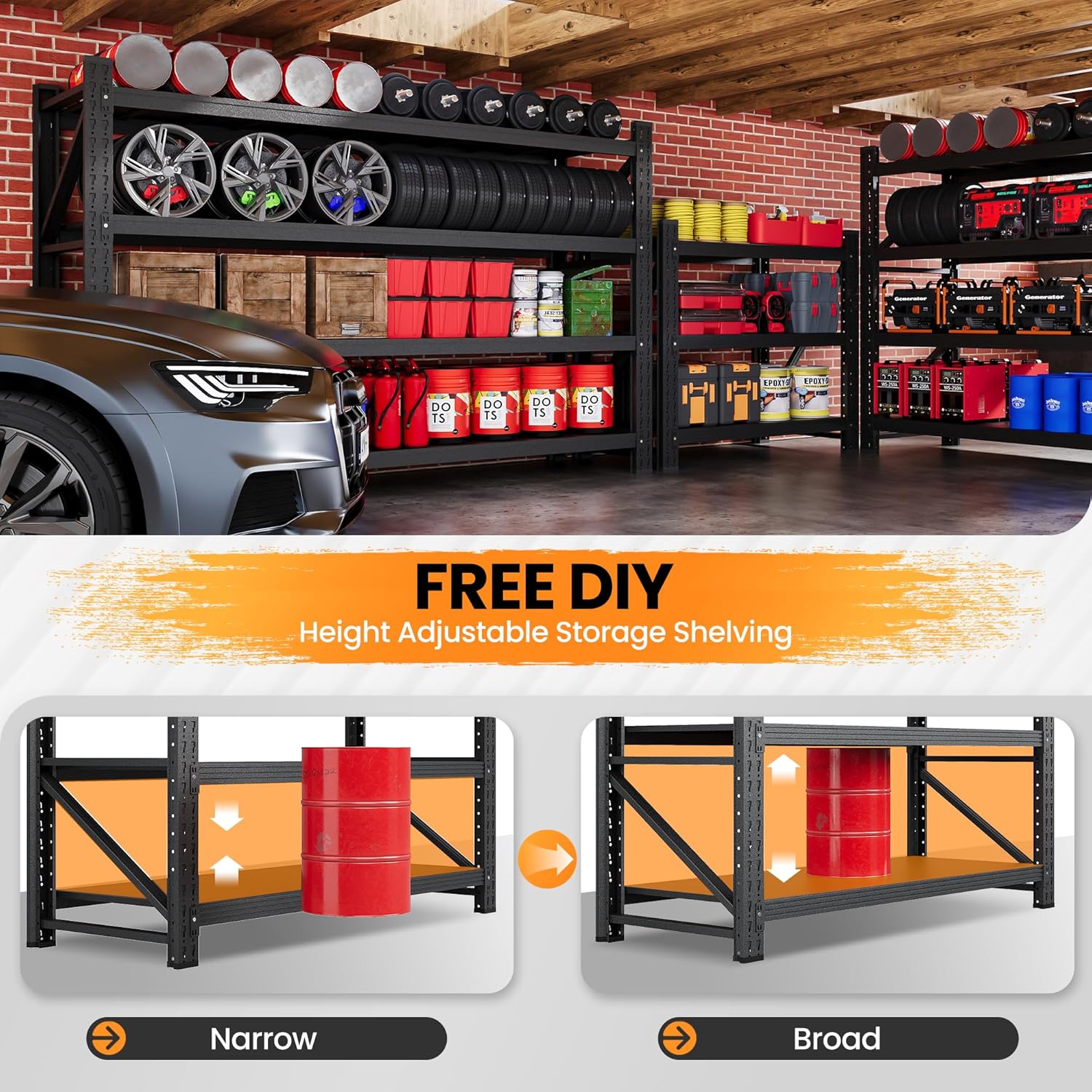 71”W Garage Shelving Units, 5000LBS Storage Shelves Heavy Duty, 24" Deep Metal Shelving Rack, 4 Tier Large Tall