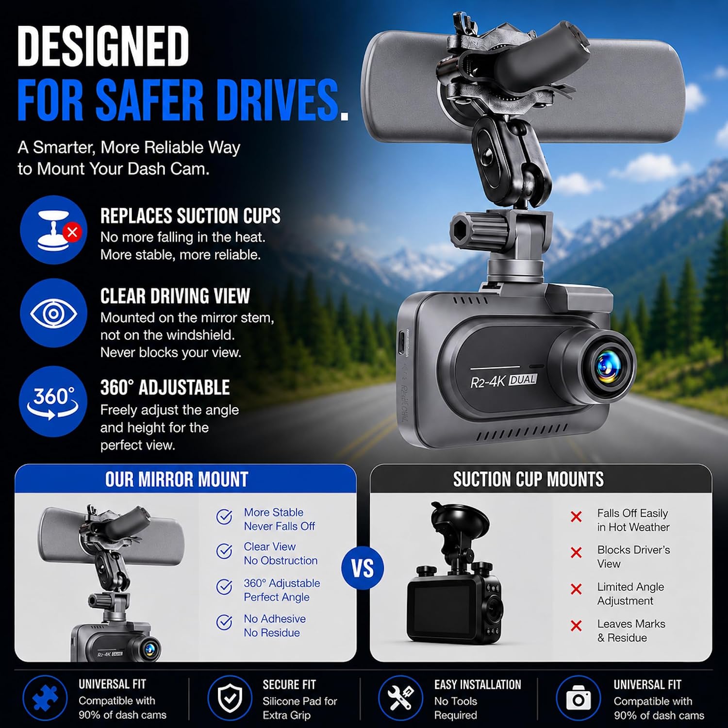 Universal Dash Cam Mount for Rove R2-4K, R2-4K Pro, R2-4K Dual, Redtiger Dash Cam - Suction Cup Replacement – Stable
