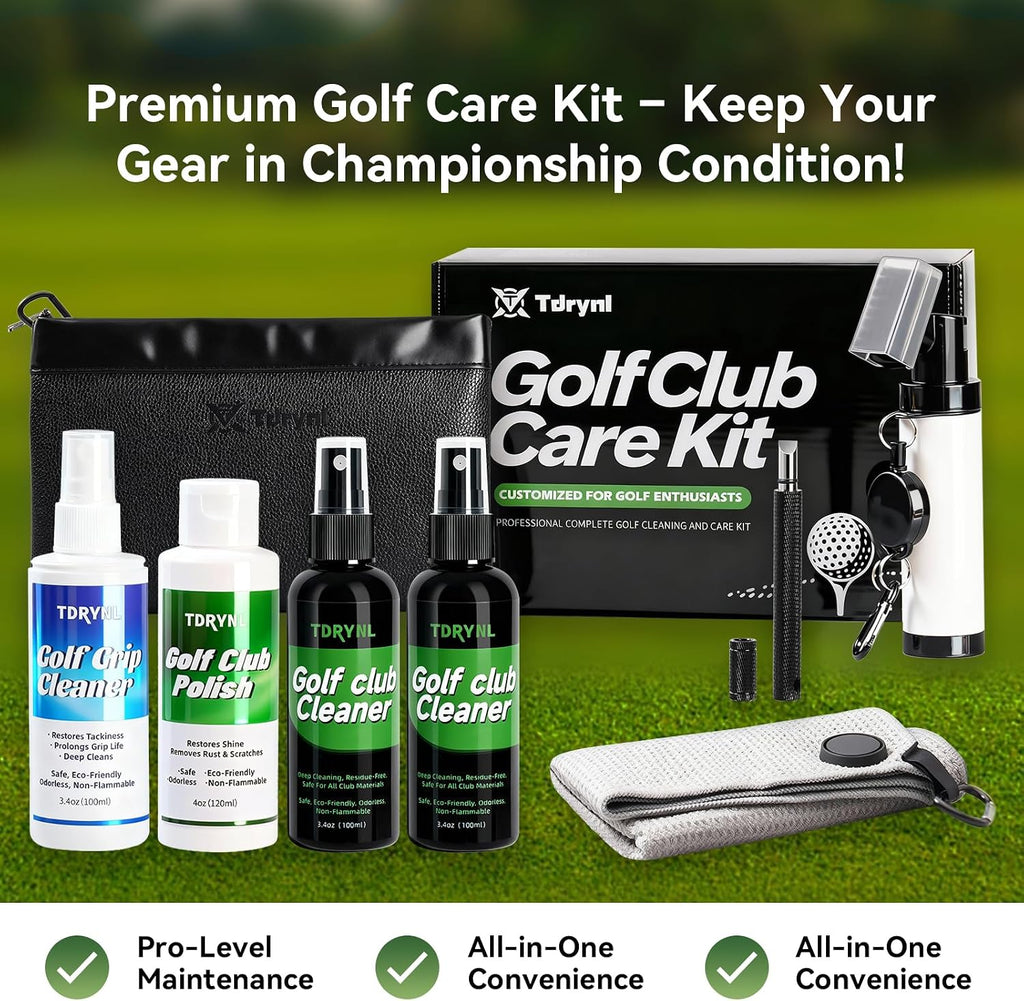 Pro Golf Club Care Kit – Cleaner, Polish, Brush, Groove Sharpener, Grip Cleaner, Magnetic Towel & Leather Bag –