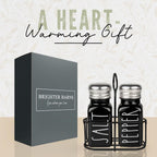 Black Salt and Pepper Shakers Set with Holder by Brighter Barns - Cute Salt Shaker with Caddy - Farmhouse Kitchen