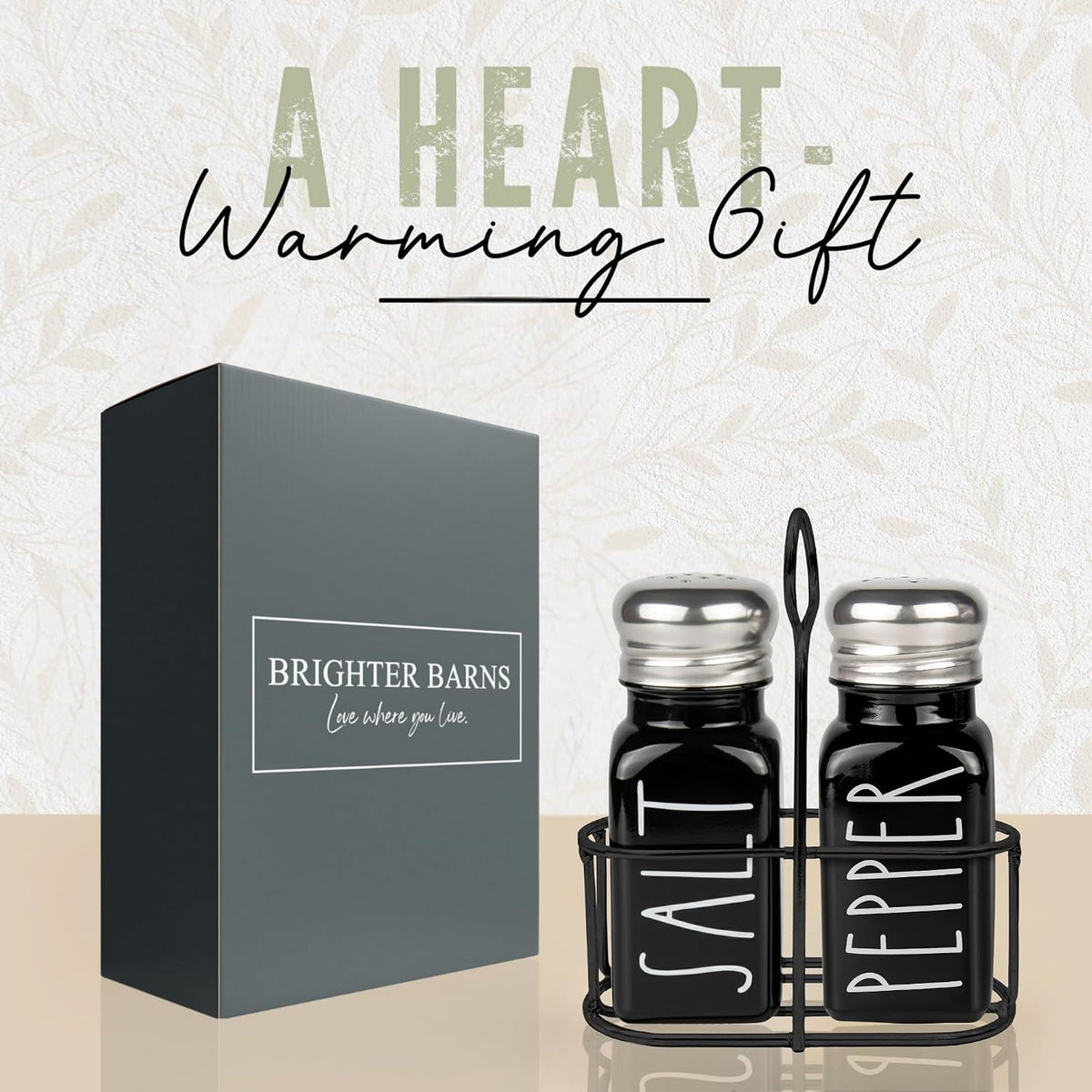Black Salt and Pepper Shakers Set with Holder by Brighter Barns - Cute Salt Shaker with Caddy - Farmhouse Kitchen