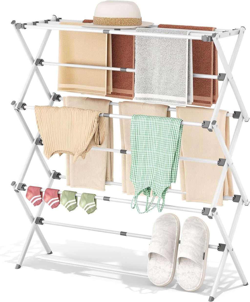 3-Tier Foldable Clothes Drying Rack, 37.6" H, White | Rust-resistant Metal, Tool-free Assembly, Extendable Drying