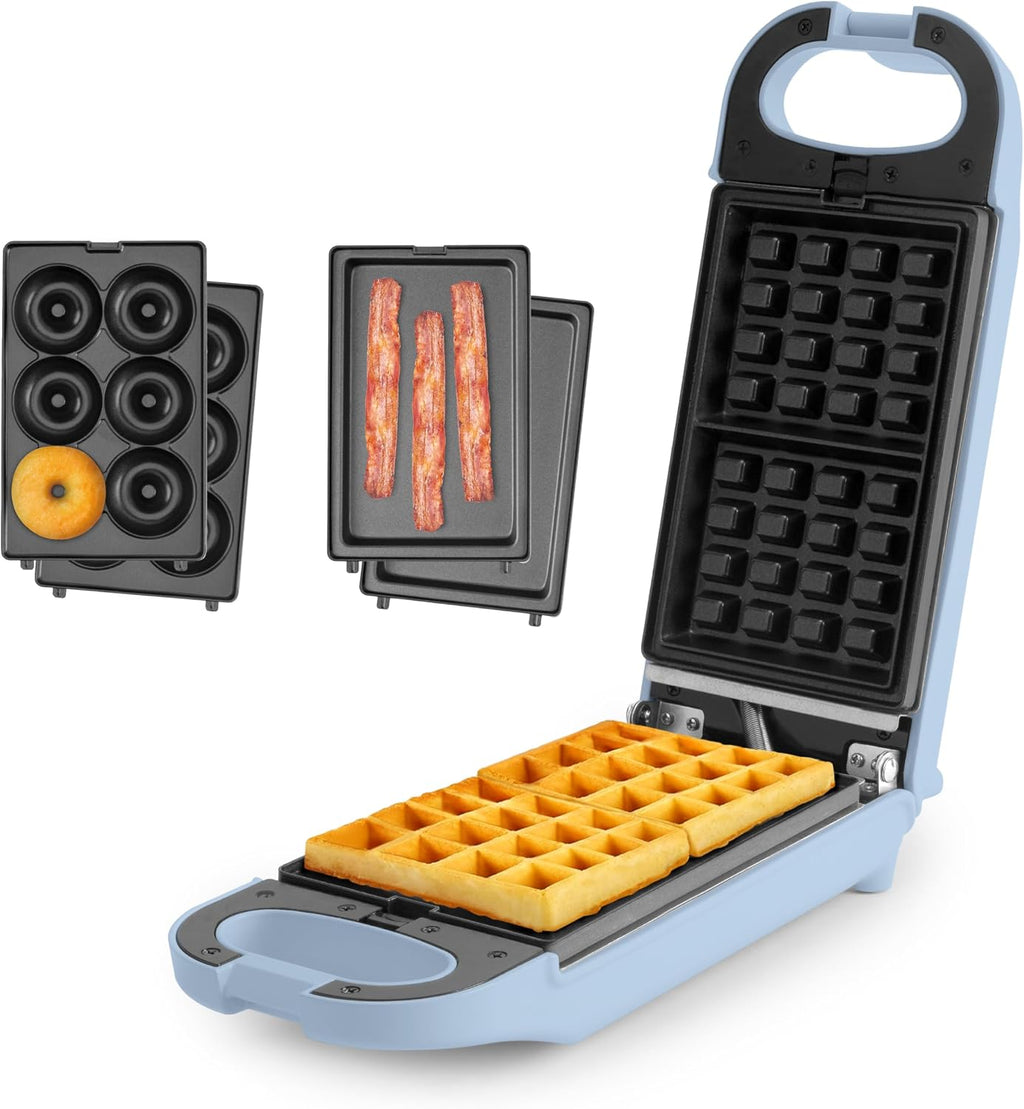 Swap & Flip Waffle Maker with Removable Plates: 3-in-1 Panini Press, Mini Donut Maker, and Waffle Iron