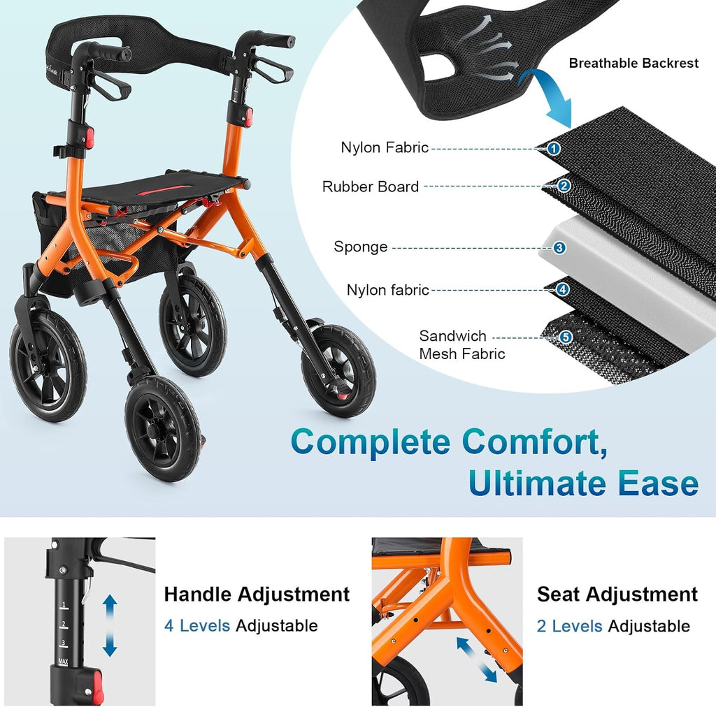 Rollator Walker with Seat, Tall Walkers for Seniors, 12" Big Rubber Wheels All Terrain Rollator Walker with Backrest