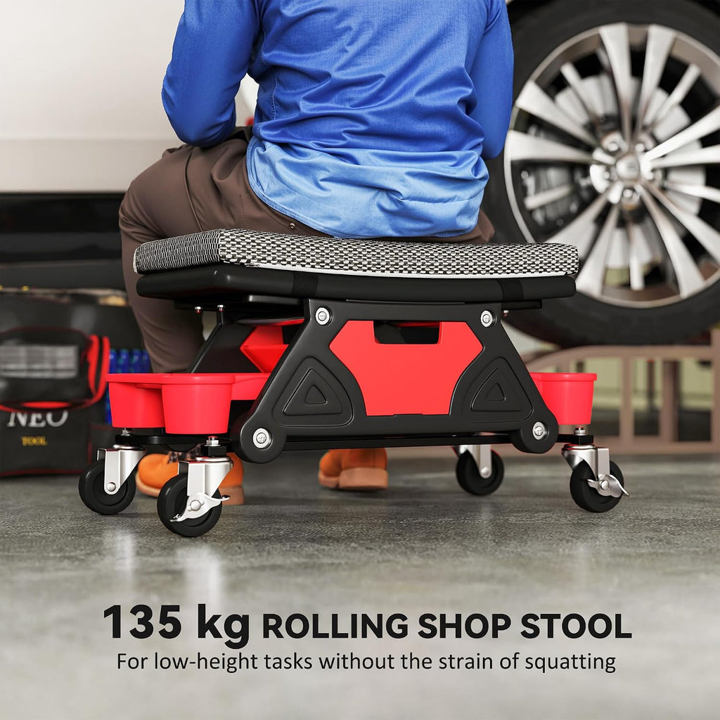 Rolling Mechanic Stool, 135kg Capacity, Padded Creeper Seat, Black