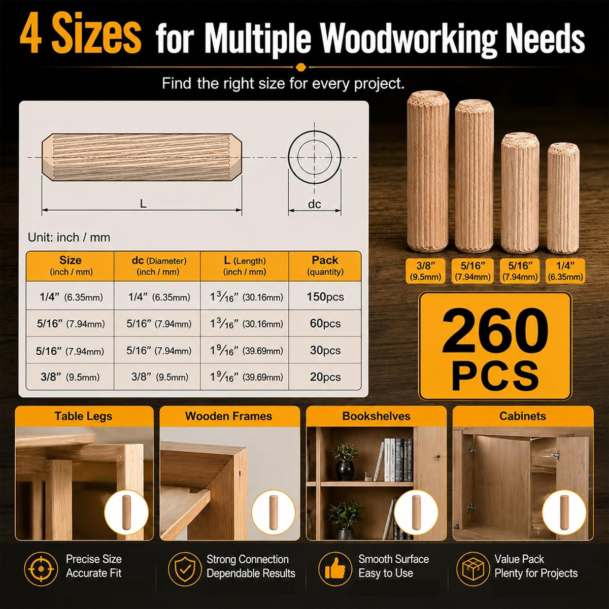 260PCS Wooden Dowel Pins Assortment, Fluted Hardwood Dowels