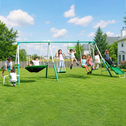 Bayside 7-in-1 Outdoor Backyard Metal Swing Set for Kids, 1000 lb Capacity, Teeter-Totter, Swing, Saucer, Standing
