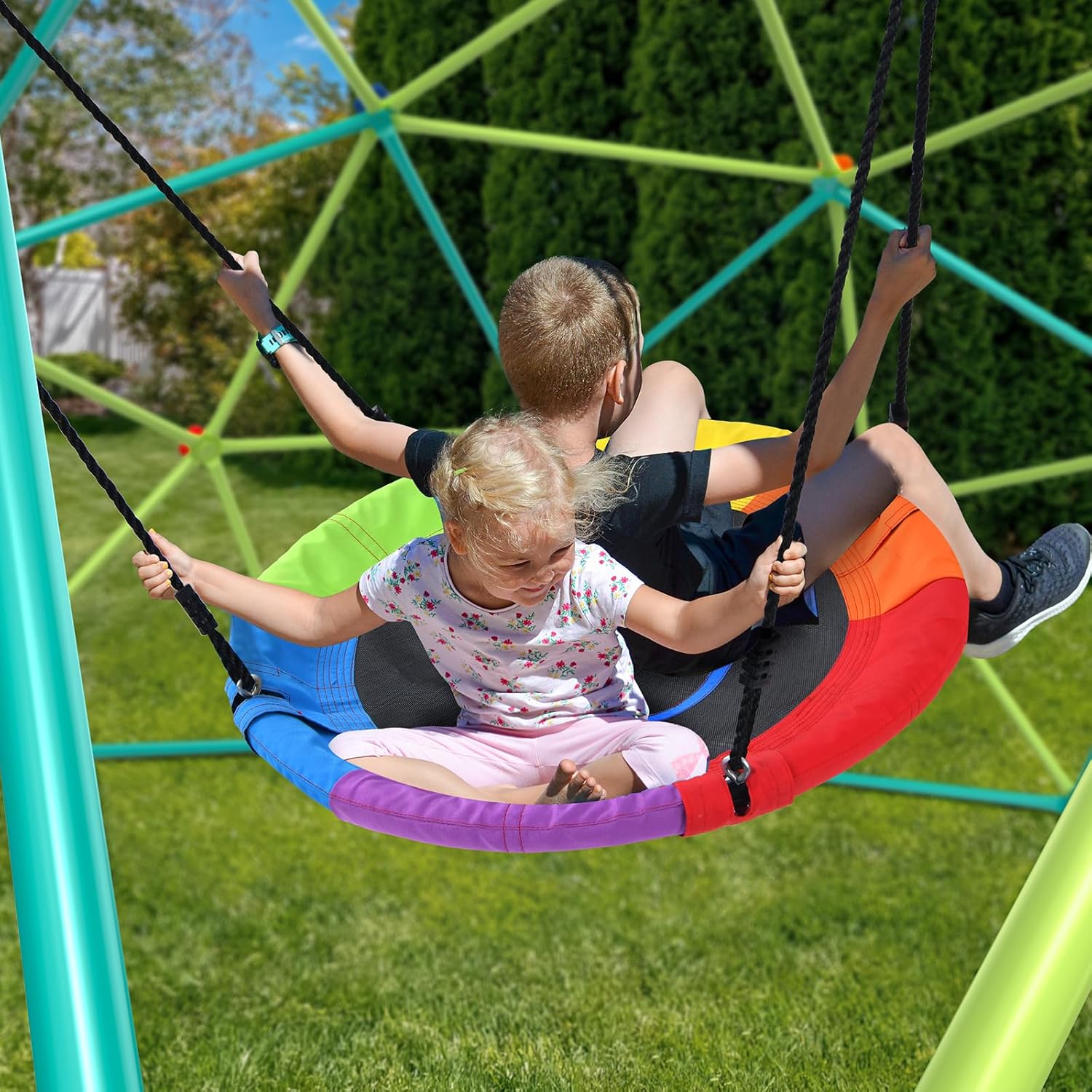 10 ft Climbing Dome Swing Set with Saucer Swing, Jungle Gym for Kids Outdoor Backyard, Supports 800lbs, Easy