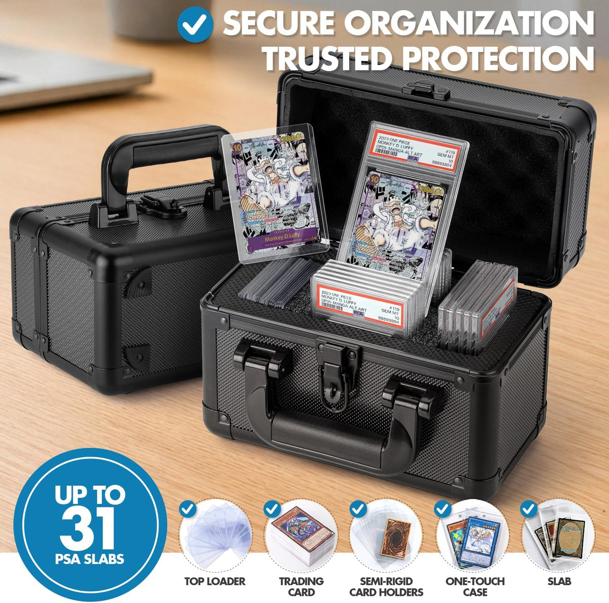 Graded Card Storage Case for PSA Slabs – 1 Row Aluminum Trading Card Case with Foam Insert, Holds 31 Graded Cards