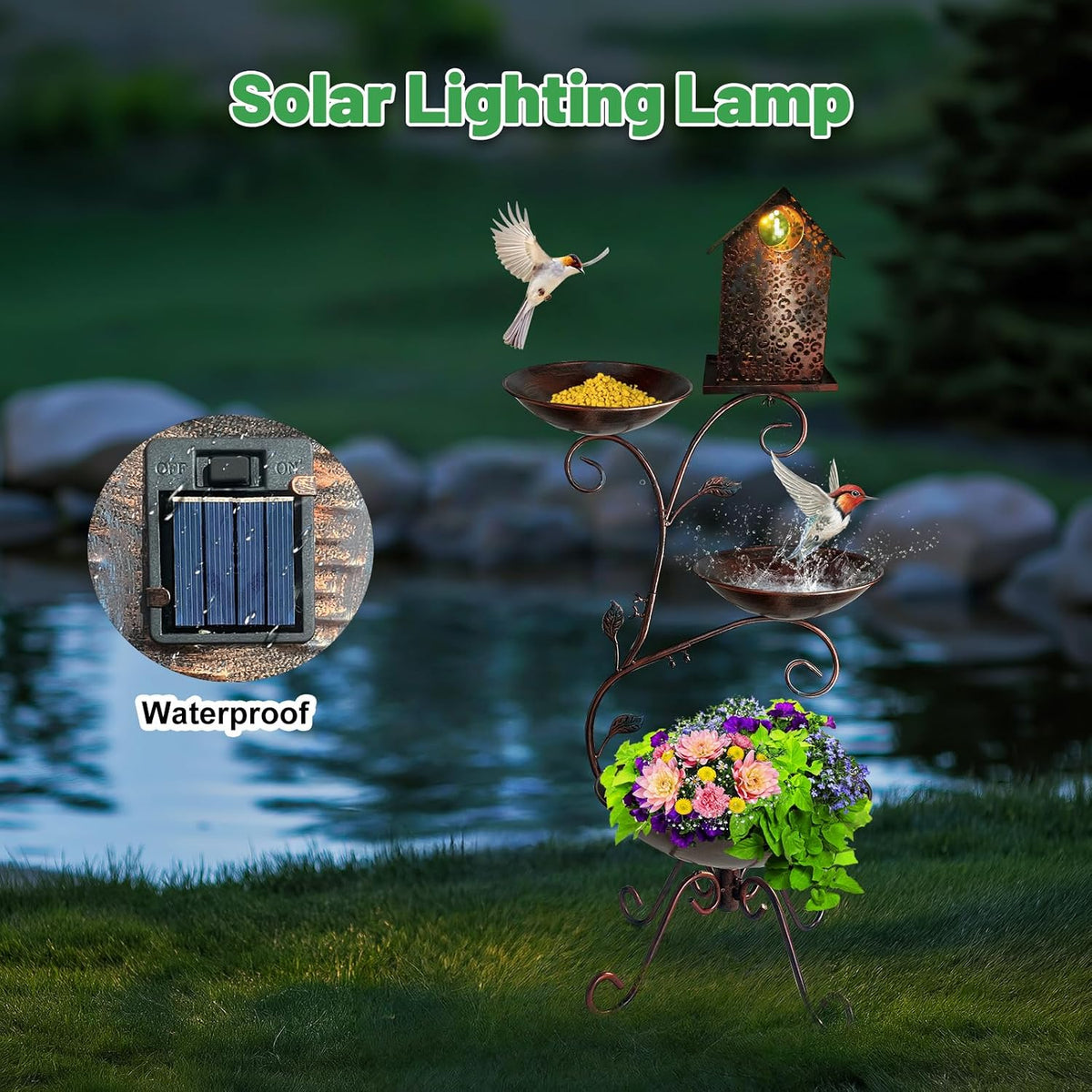 Bird Bath for Outside, 37" Antique Brass Metal Bird Bath Outdoors with Solar Lights, 4-in-1 Rust-Resistant Bird
