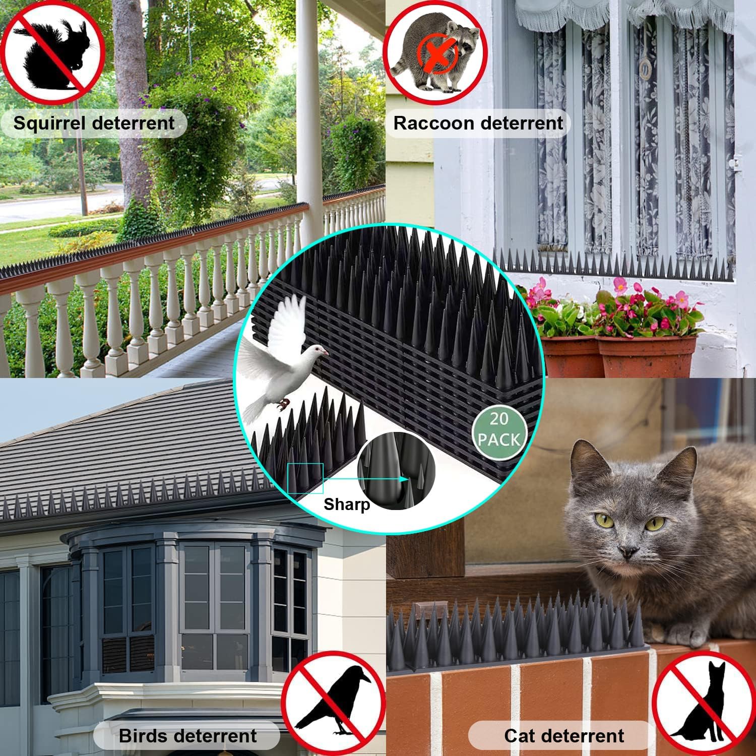 Bird Spikes, 20 Pack Outdoor Cat Squirrel Raccoon Pigeon Cat Animal Deterrent Spikes for Outside Anti Bird Defender