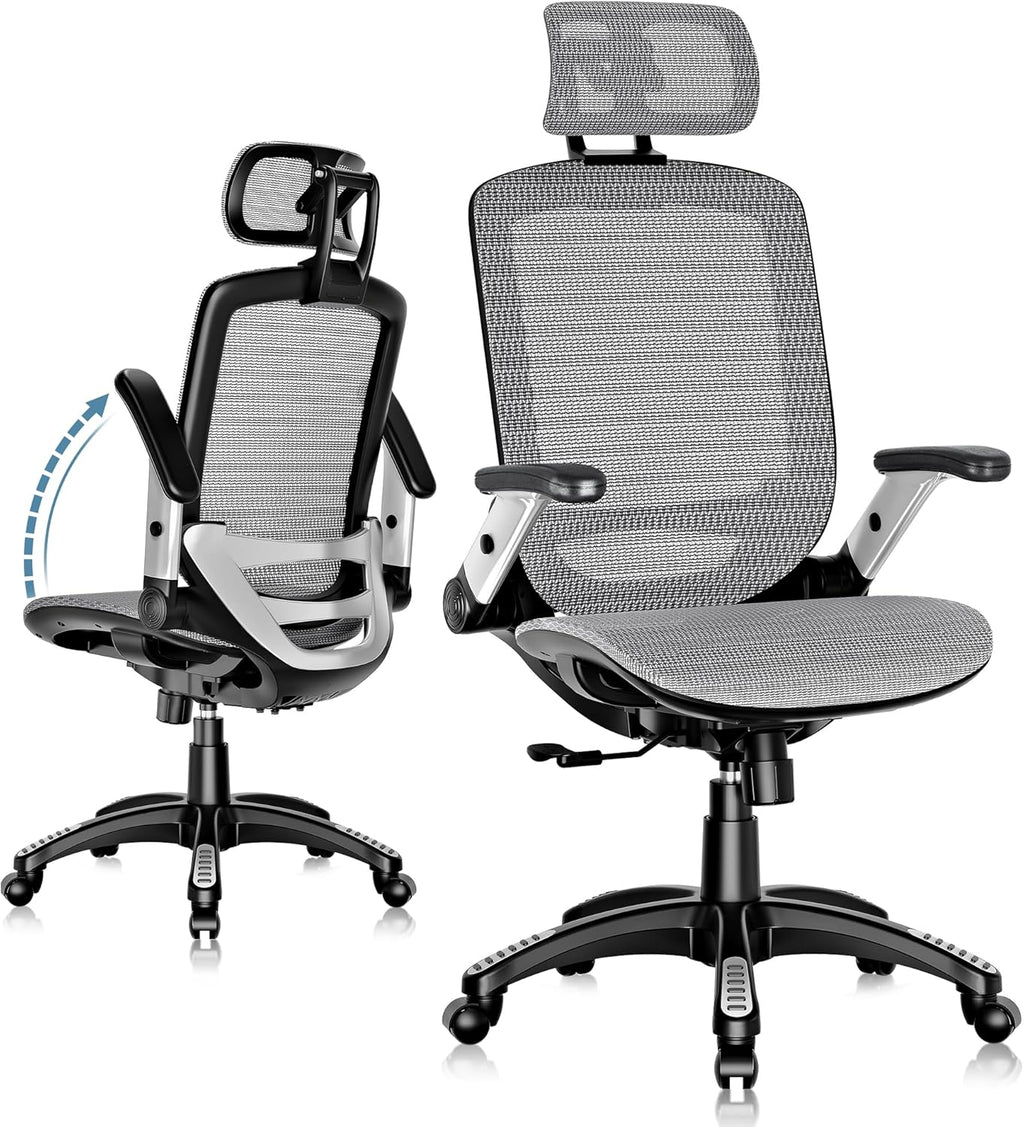 Ergonomic Office Chair, High Back Home Desk Chair with Headrest, Flip-Up Arms, 90-120° Tilt Lock and Wide Cushion