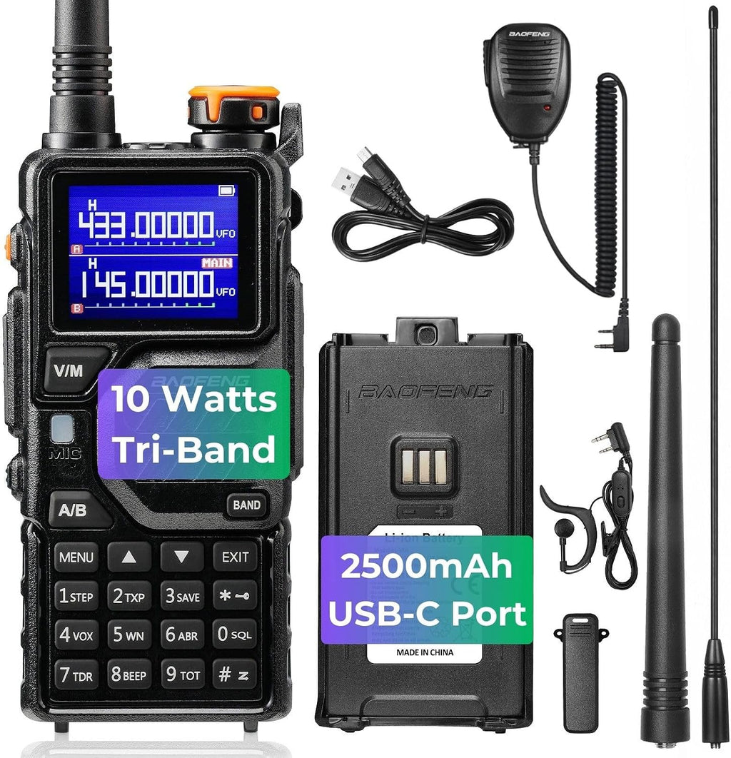 K5PLUS 10W Tri-Band Ham Radio with Long High Gain ANT & Speaker Mic | UHF VHF 1.25M Long Range Two Way Radio, 999CH