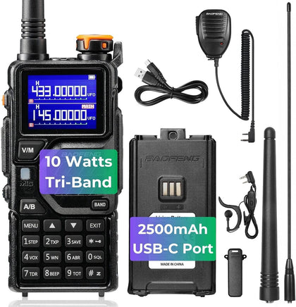 K5PLUS 10W Tri-Band Ham Radio with Long High Gain ANT & Speaker Mic | UHF VHF 1.25M Long Range Two Way Radio, 999CH