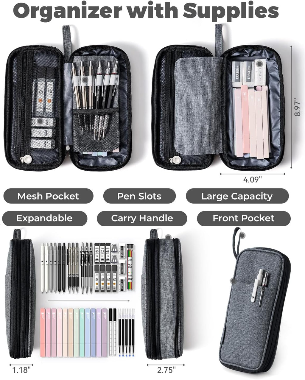 School Supplies with Pen Case, 45ct Black | Back to School Stationery Set, Essentials for College & Nursing Students