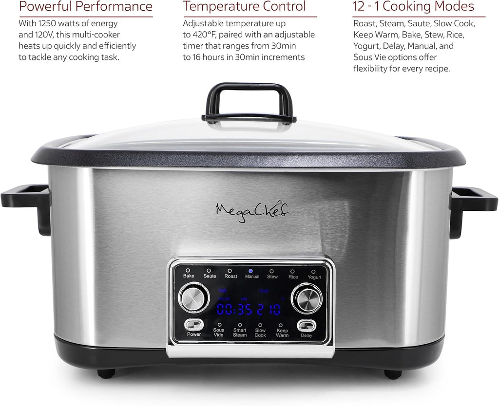 Deluxe 8 Quart 12-in-1 Programmable Multi Cooker with Sous Vide and Multi-Functions, Digital Display, Adjustable