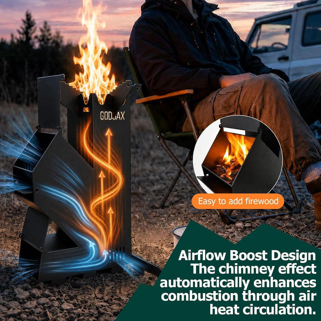 Rocket Stove Portable Wood-Burning Camping Stove with Storage Bag | 1.8mm steel,130lbs downward load,6.33lb