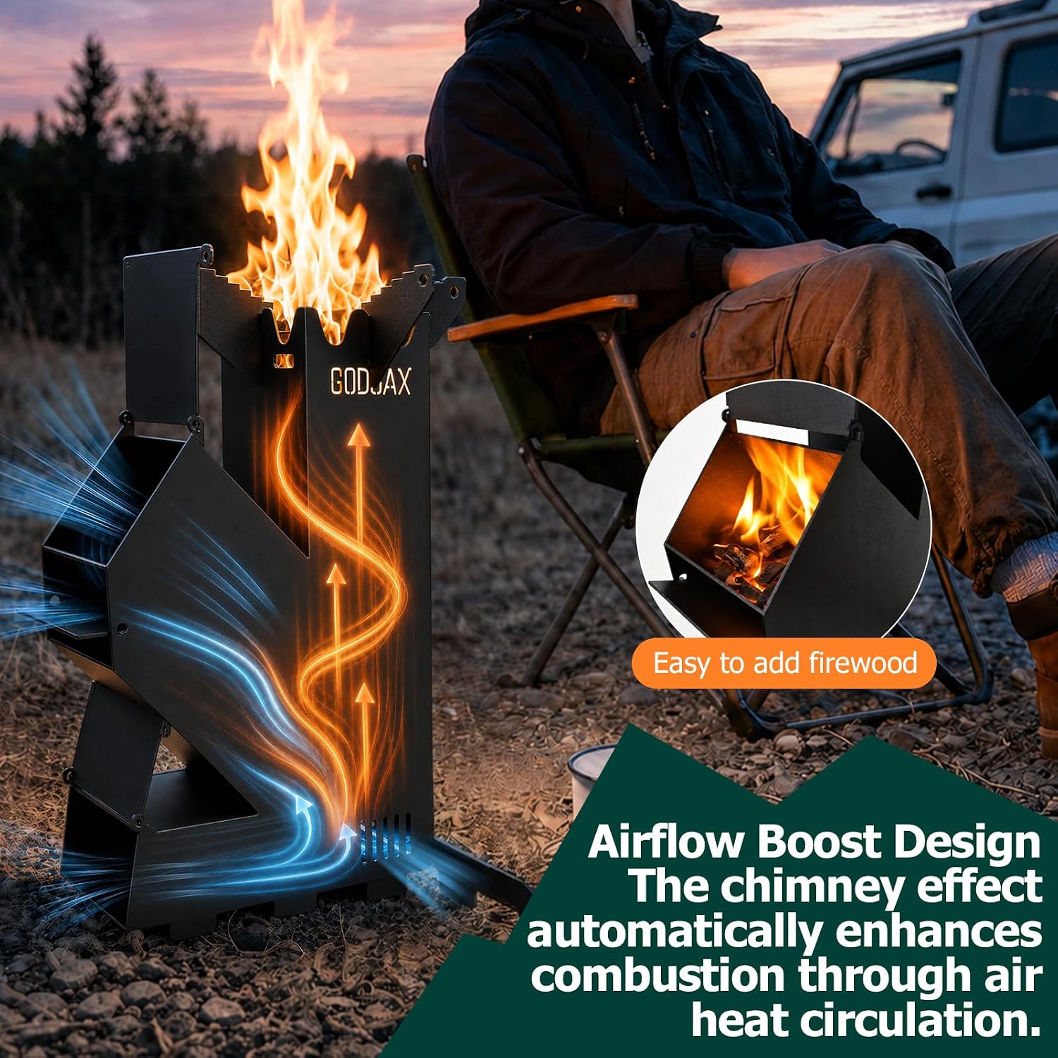 Rocket Stove Portable Wood-Burning Camping Stove with Storage Bag | 1.8mm steel,130lbs downward load,6.33lb