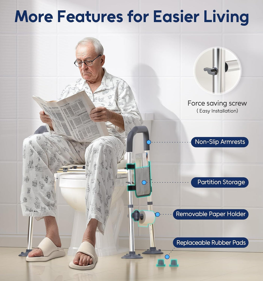 Raised Toilet Seat with Handles, Width & Height Adjustable Toilet Seat Risers for Seniors, Heavy Duty 400lbs Elevated