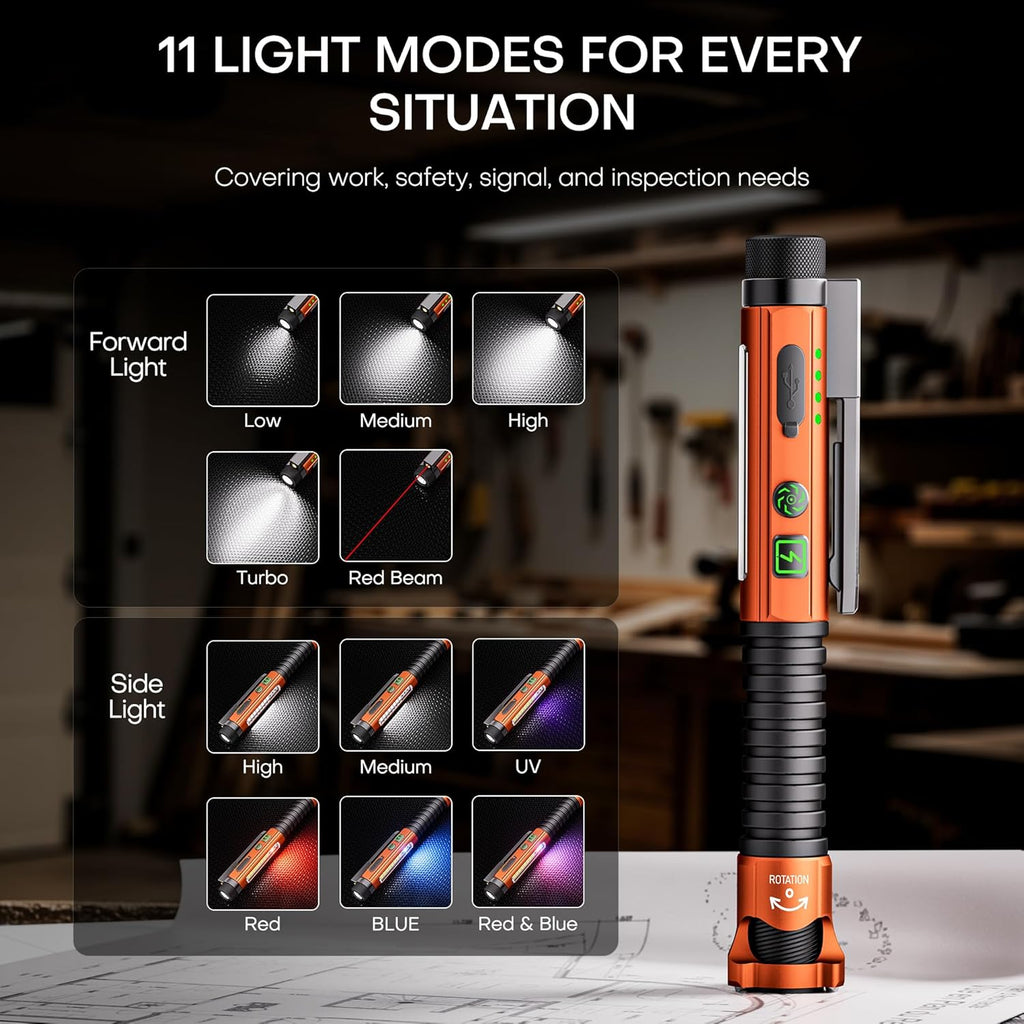 EDC Flashlight Rechargeable,800 Lumen Small Flashlight with Magnetic Clip & Base, 11 Modes LED Flashlight,Glass