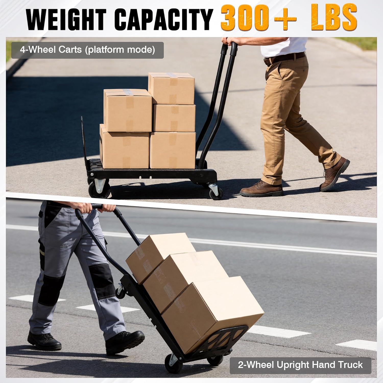 Folding Hand Truck with 4-Wheel Mode, 2 in 1 Collapsible Push Cart & Fold-Up Toe Plate – 300lbs Heavy Duty Dolly Pull