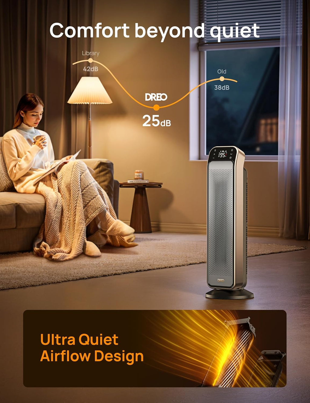 25 Inch Electric Space Heater for Indoor Use, Large Room, Thermostat | 11.5 ft/s Fast Heating, 25dB Quiet Operation