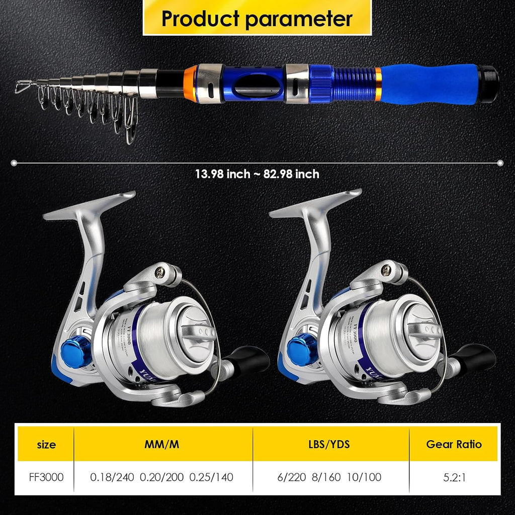 2-Pack 6.89FT Telescopic Fishing Rod Reel Combo Tackle Box Travel Carry Bag | Collapsible Pole Spinning Reel Lure