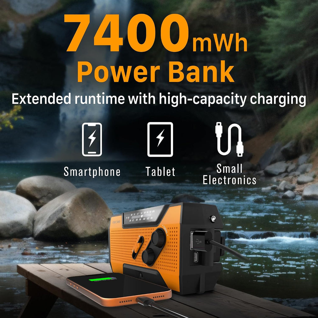 NOAA Emergency Weather Radio A1 7400mWh Solar Hand Crank (Orange) | AM/FM/WB power bank 4 power options SOS alarm LED